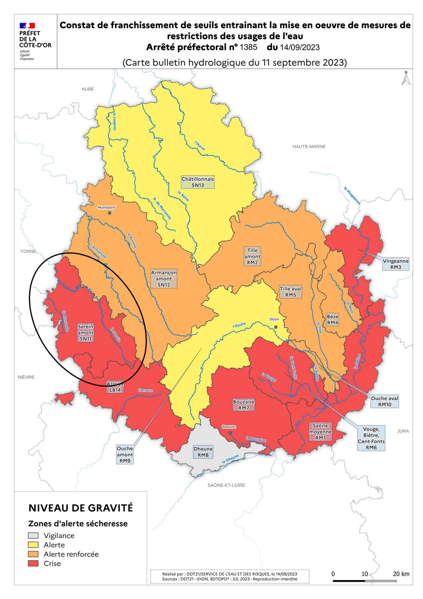 Seuil crise en Côte d'Or sur le Serein 2023